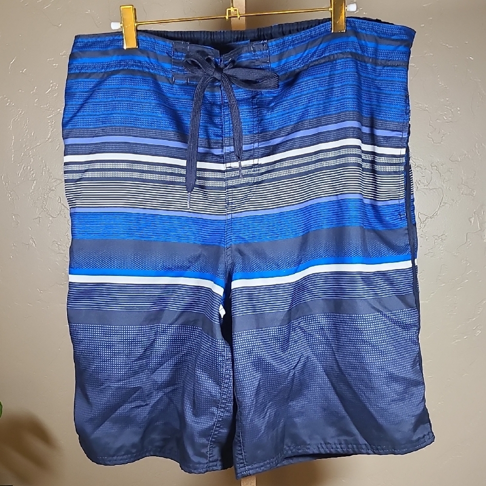 OP Blue Black White Striped Swim Trunks Shorts for Swimming Large(36-38) Pockets